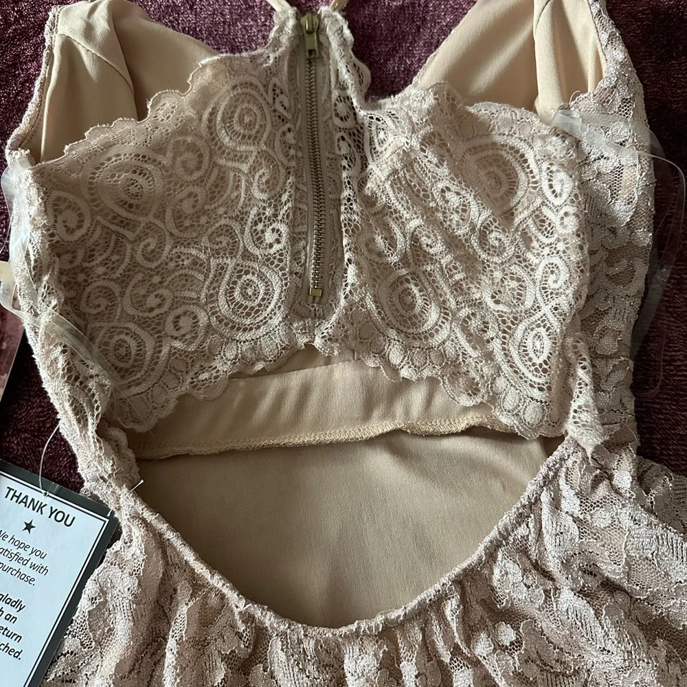 Emerald Sundae by Macy’s khaki lace shimmer mini dress with zip up back NWT - Picture 10 of 17